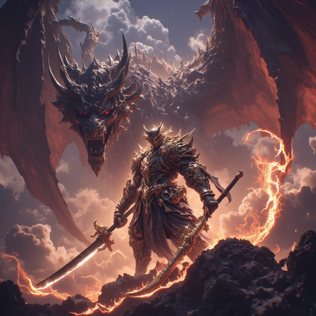Title: Cover Art for "O Clã: Reino das Sombras"
Description:
"Create a dramatic and captivating cover art for the anime titled 'O Clã: Reino das Sombras.' The cover should feature the following elements:
Central Focus: A powerful and imposing figure representing the leader of the Dragon Clan, Kaida, in her intricately detailed battle attire with dragon symbols. She should be in a commanding pose, exuding strength and authority.
Background: The background should depict a dark and mysterious realm with a dramatic and stormy sky. Include elements of shadowy landscapes and towering mountains to reflect the 'Reino das Sombras' theme.
Supporting Characters: Surround Kaida with key members of the Dragon Clan in dynamic action poses. Show a few warriors in battle-ready stances, with one wielding a spear, another swinging a sword, and an archer ready to shoot.
Title Text: At the top or bottom of the cover, prominently display the title "O Clã: Reino das Sombras" in bold, stylized font that fits the fantasy theme. The text should be ornate and dramatic, perhaps incorporating dragon motifs or shadow effects.
Atmosphere: The overall atmosphere should be epic and intense, with high contrast between light and shadow to emphasize the conflict and grandeur of the story.
Color Scheme: Use a color palette with dark tones, such as deep blues, purples, and blacks, accented by fiery reds and golds to highlight the central figure and important elements."