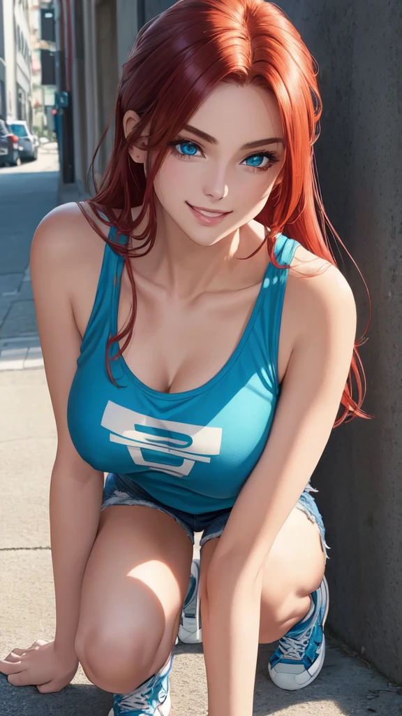 cores vibrantes, vivid coloration, obra-prima, melhor qualidade, sharp focus, intrincado, profundidade de campo, volumetric lighting, 12k hdr, ray tracing, roupa detalhada, aesthetics, professional illustration, uma mulher, Yuuki Asuna, rosto calmo, longo e exuberante cabelo castanho-claro, olhos castanhos, rosto detalhado, white bikini with red stripes, large modern city street with some traffic, alguns transeuntes no fundo,