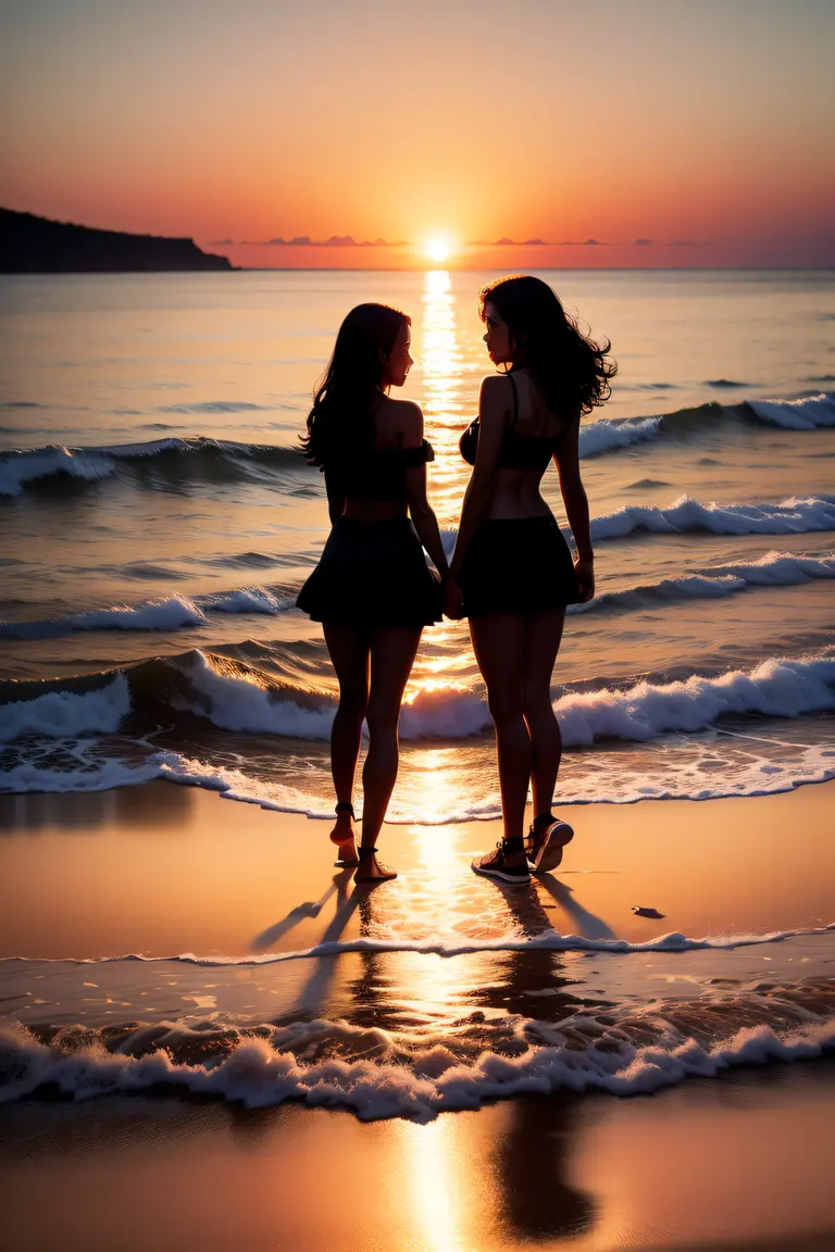 (realistic photo:1.37), Summer sea evening sunset, Sunset overlap the person, The sunset is reflected on the sea surface, (Dazzling sunset:1.4, beautiful evening sunset:1.3), (2 womens, Back view of two women on the beach), (((Holding hands and looking beyond the horizon))), (Lens Ghosting:1.5, lens flare:1.2, Octagon-shaped lens ghost), Fiery Horizon, (Silky platinum blonde Hair:1.2), (The other one woman ultra Shiny straight black hair:1.3), ((Natural backlighting:1.4)), ((one woman wears lace tiered mini skirt and sheer white Summer clothes)), ((The other one woman wears a sheer tulle skirt and Sheer Summer Dresses)), ((full body view:1.2)), Slightly slimmer body, Realistic Skin, 
BREAK. masterpiece, ultra high resolution, high definition RAW photograph, Highly detailed CG, best quality, 4K, perfect anatomy, perfect proportions, Romantic Landscape, Sparkling sea, Accurate limbs, Back blur, Hand details, finger details, erotic body