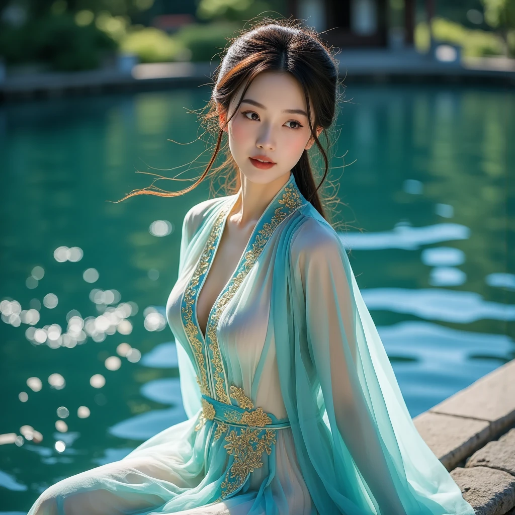 Beauty snake digitally painted beauty, highly detailed film water and ocean palette, swimming in West Lake water in dark green hanfu long dress without revealing body, huge lotus flower in white, delicate facial details, spotlight, perfect composition, surreal, hyper-detailed, 8k, high quality, clear focus, intricate details, highly detailed, dynamic lighting, detailed and complex environment,