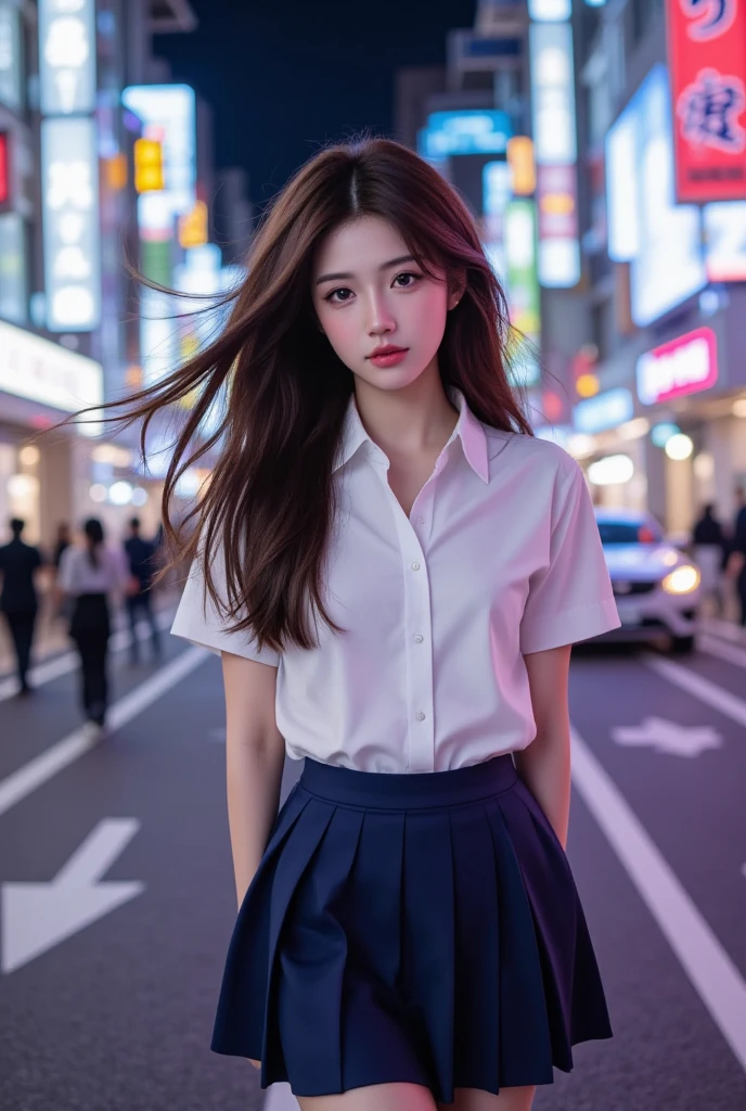 (8k, RAW photo, best quality, masterpiece: 1.3), (realistic, photo fidelity: 1.37), (nighttime), (viewer: 1.331), (gray hair), pose, Tokyo Street, night city view, cyberpunk city, soft light, 1 girl, very beautiful face, bust, hands down, random hairstyle, random expression, big eyes, , lower abdomen, (short sleeve JK_shirt), JK_style, (dark blue JK_skirt), (bow JK_ tie），mix4