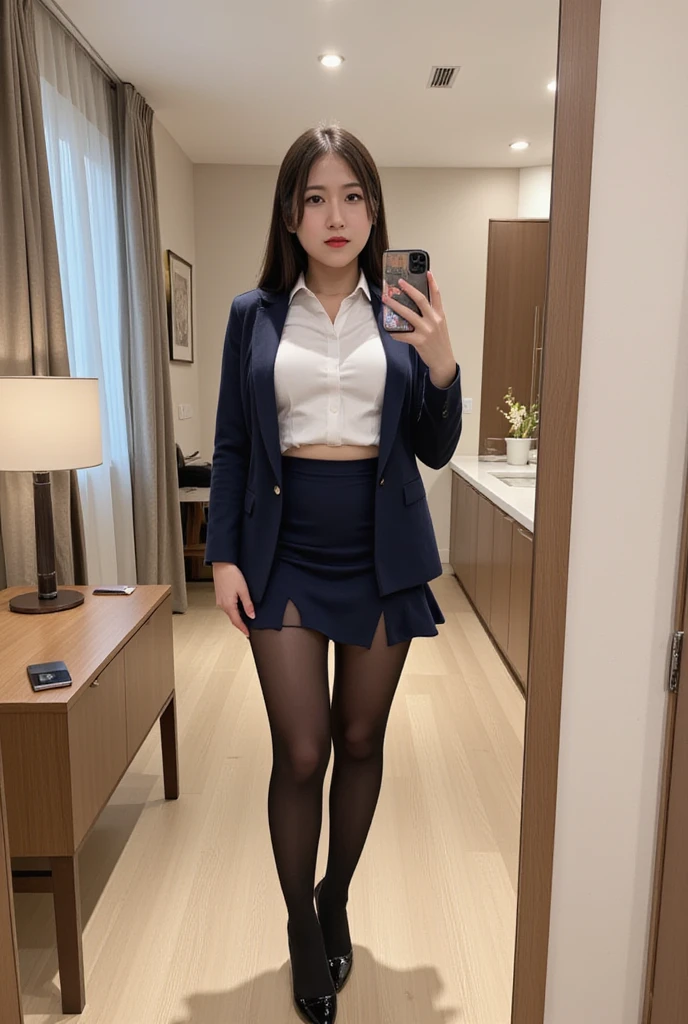 The upper body is wearing a uniform,only wears sexy panties on her lower body.