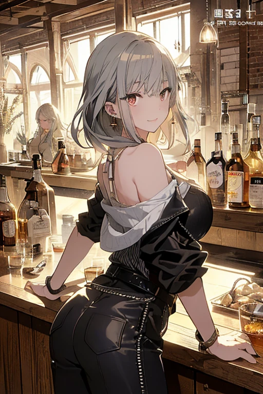 Girl with long white hair,Backless evening dress,High heel,Sitting on a bar stool,Exquisite face,best quality, 4K, 8k, Very detailed, High Detail, masterpiece