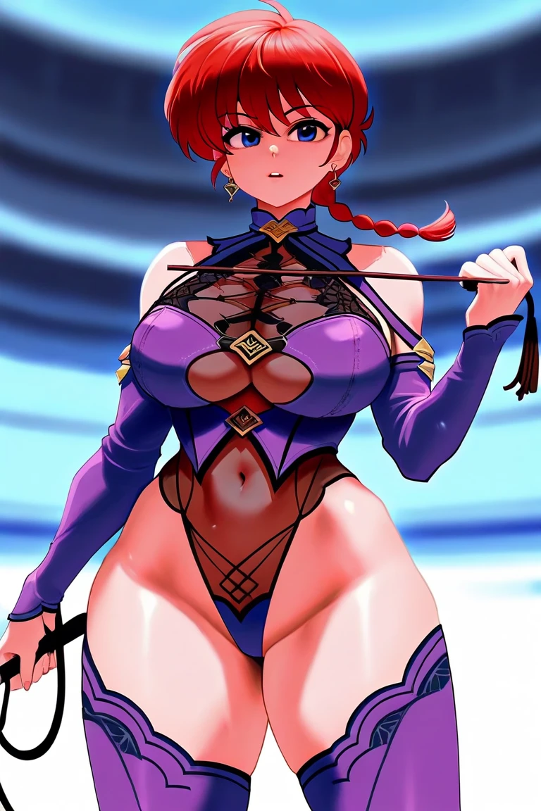 masterpiece, best_quality, 1girl, solo, blue eyes, leotard, brown body, hair, neckerchief, pink hair, stripes, thick thighs, tsukino \(monster hunter stories\), capcom, monster hunter, monster hunter stories, monster hunter stories 2 wings of ruin, skulkers, huge breasts,