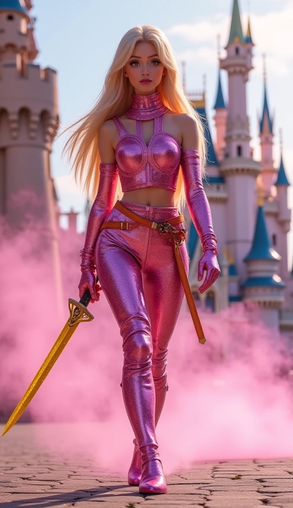 Masterpiece, a blonde woman wearing hot pink sleeveless latex leotards, gold belt, boots, holding a laser rifle in front of her with both hands, standing, legs apart, in a village, realistic