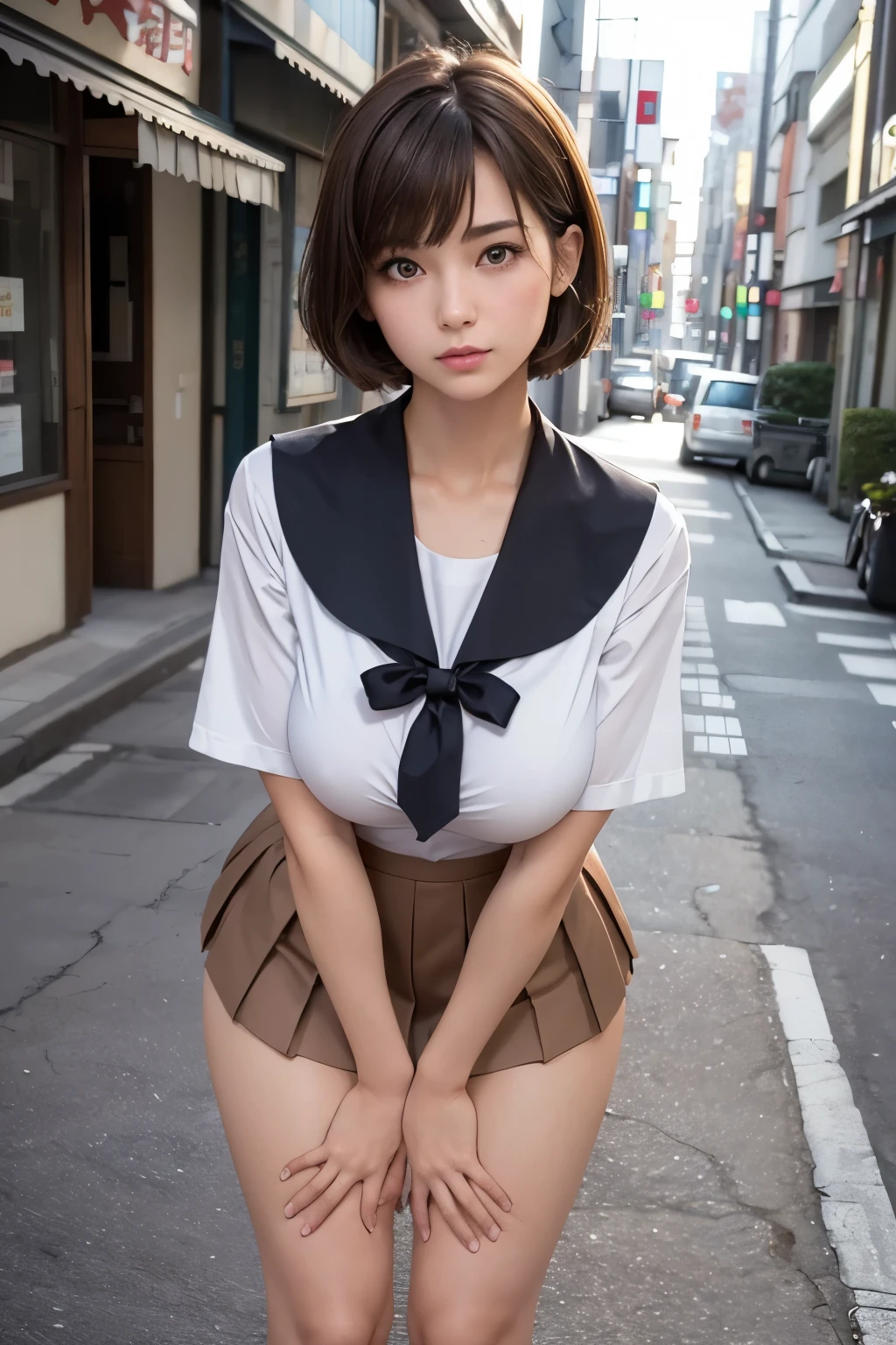 In 8K,Highest quality,The true picture,Intricate details,Ultra-high resolution,Depth Field,Masseter region,Natural soft light,Professional Lighting,1 Girl,(cute:1.2),Very beautiful 18 year old girl,Fine grain,((Brown eyes)),(Brown Hair),(Short-haired),(Skin without bangs,Glowing Skin,Pure white skin,Fine skin,Big and ample breasts,((Perfect Anatomy,Nice hands,Perfect hands,Five fingers connected to the palm))((Her panties slipped to the side、I can see her)).,,Perfect Bare Feet,Delicate legs,Perfect proportions,sexy,I can see your chest,((Sailor suit miniskirt)),(tie),Black socks,Black leather shoes,Diving deep into the city,I can see your crotch,Showing your underwear on the street,Both legs are bent,(((Spread your legs wide in an M shape.,I can see your pussy))),Observe the audience、(((Big Breasts)))(Crouching pose)、((Spread your legs wide while wearing a mini skirt)),((Show white panties to the camera)),
