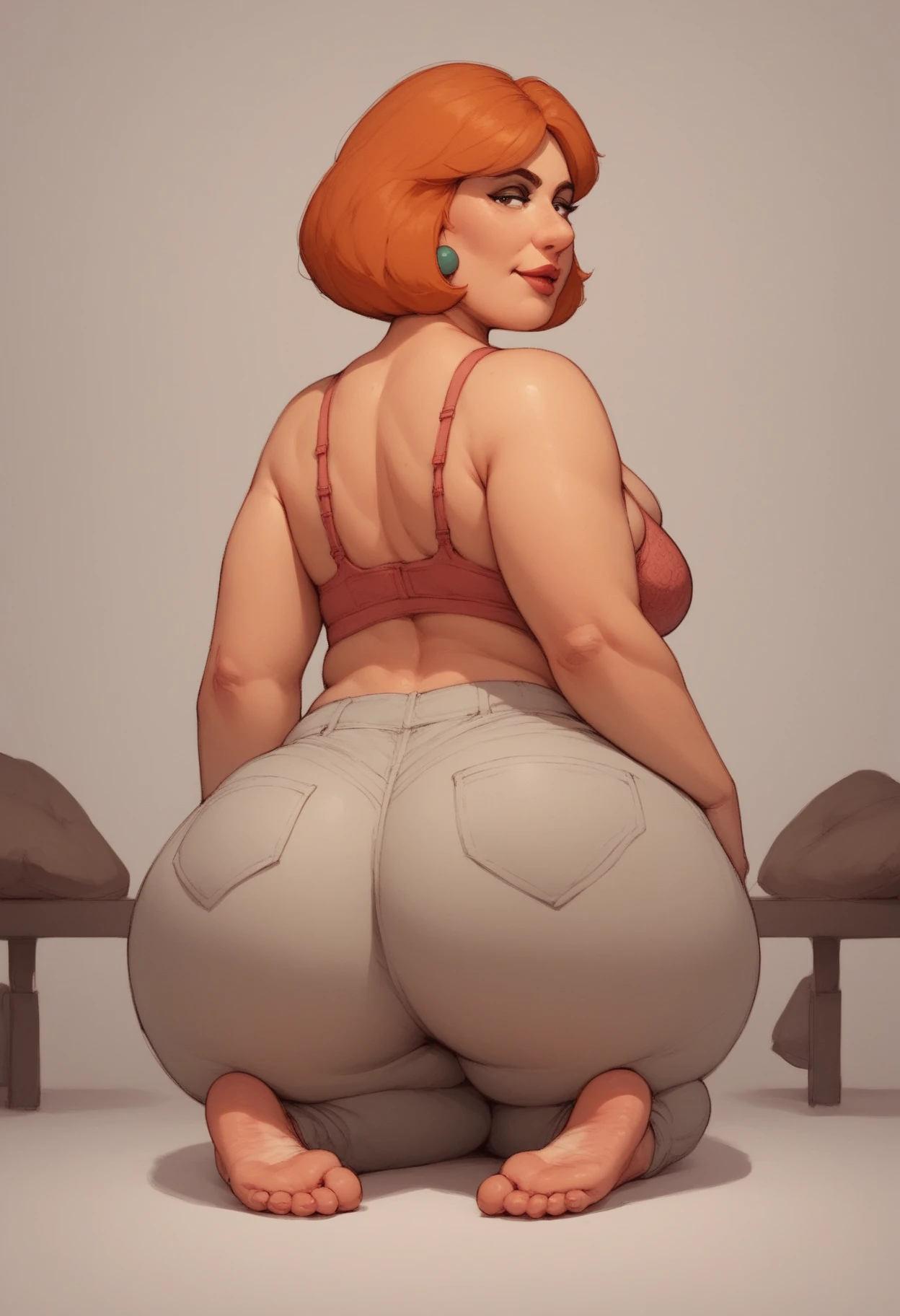 Busty nerd, Solo, Tall, chubby, flat chest, massive ass, a little fat belly, glasses, sweating, hard nipples, black bob hairstyle, kneeling and begging for dick