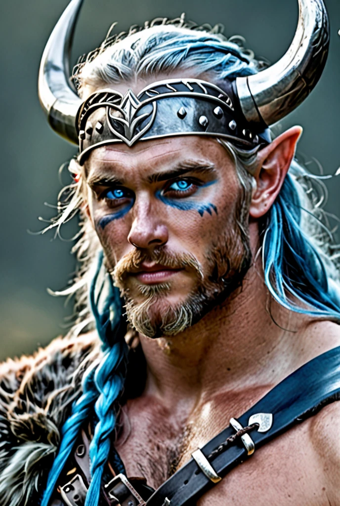 Long-haired blond man, braids on top on one side with feathers for decoration, deep and large rounded eyes, water green color, strong warrior body with bear tooth necklace, war scar on the body, sword in one hand and ax in the other, um viking com bravura, scar and war paint