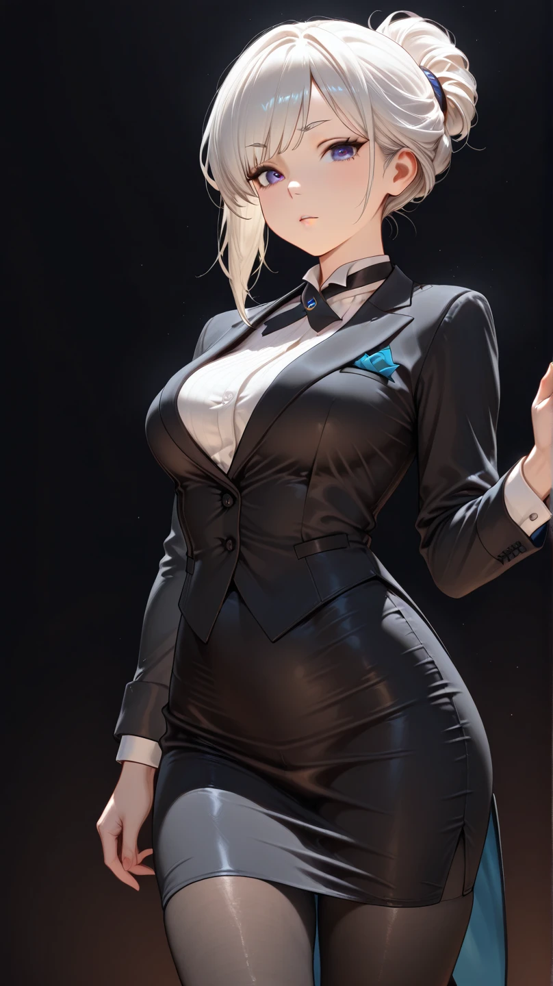 ((masterpiece)), best quality, 8k, high quality, high resolution, super detailed, ultra detailed, photorealistic, beautiful and finely detailed face and eyes, ultra detailed and detailed skin texture, expressive eyes, perfect face, 1 girl, slicked-back hair, (pale skin), sunken black eyes, tailored suit, long fingers, (knives), glove with blades, standing in mist, lurking presence, ((chilling gaze)), midnight, dimly lit alley, flickering streetlamp, foggy atmosphere, (sinister laughter), (full moon), since centuries, Evelyn, malevolent eyes, cinematic horror background.