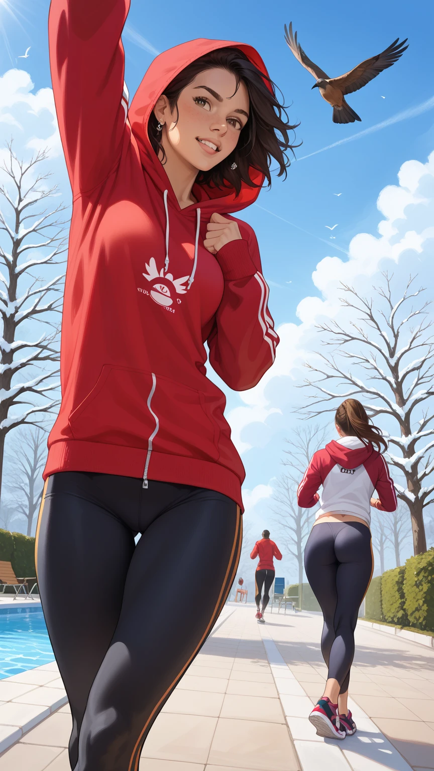 Highest image quality, highest definition, highest realism, masterpiece, live photo, cinematic, highest quality, extremely detailed, ultra-detailed, ultra-reality, immature body, small breasts, white tank top, red sneakers, pink leggings, Muscular, plump waist, detailed skin, detailed beautiful face, black bobbed hair, well-proportioned face, skin that shines with sweat, small face, armpits, Japanese 18 years old, photo of a girl, mountain sunset, blurred background, from below
