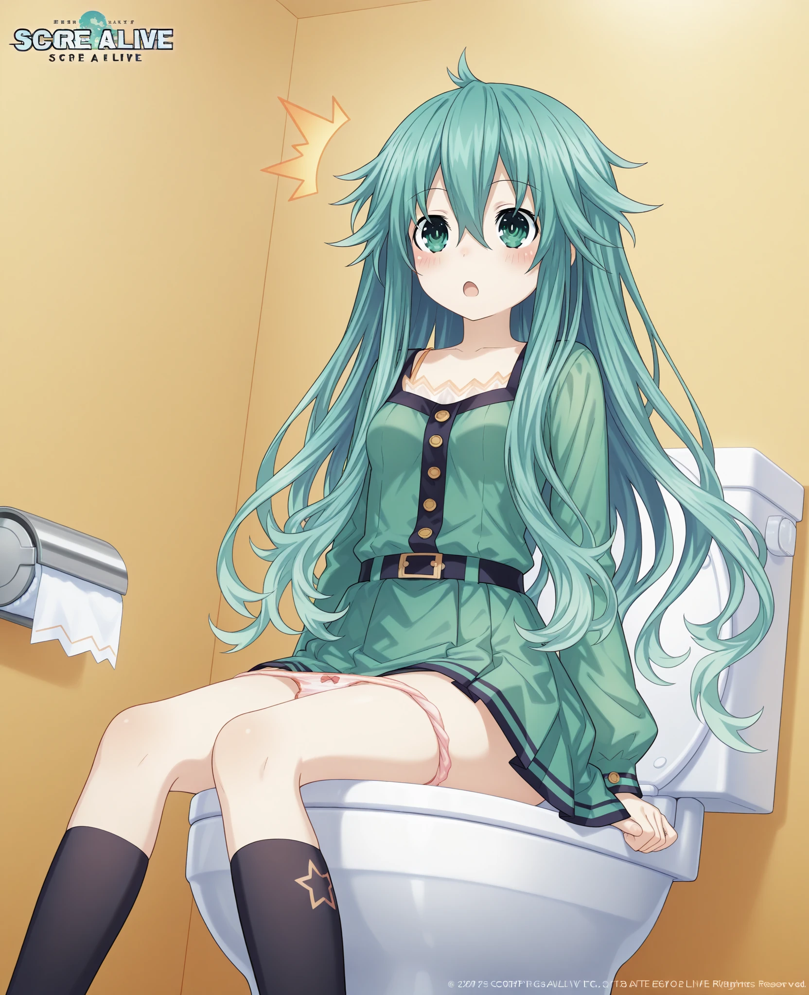 nsfw,Masterpiece, top quality, ultra-definition, beautiful definition, one girl, solo, 15-year-old female, standing straight, full body, nude, black eyes, yellow green hair,twin tails,at public toilet