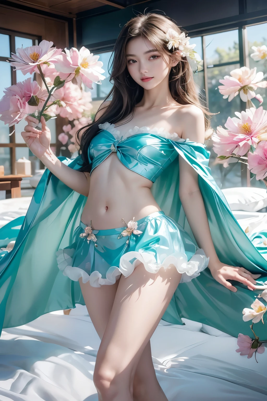 Dynamic posing, dynamic angle, Arrange pose,Top quality work，Show Legs，sexy, ((wavy hair, pale skin, long light ginger hair),((light blue eyes)), freckles, 16 years old, Rose cheeks, Pretty cute Face, A perfectly proportioned face，full-body view， amazing, small round chest、Beautiful eye details、Beautiful eyelashes、beautiful double eyelid, with blush cheeks, 