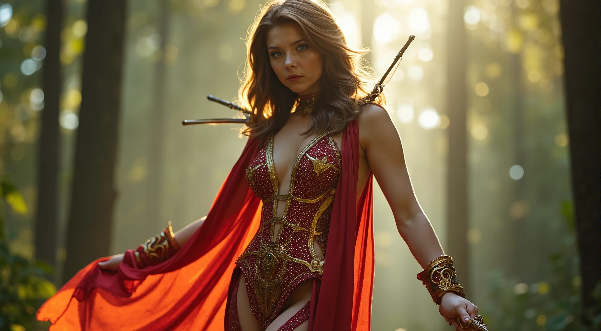 A fantasy woman, a voluptuous warrior goddess of love, stands majestically in a magical forest, embodying the essence of holy magic. She is adorned in a shiny, intricate form-fitting bikini armor made of lava, embellished with shimmering gems and golden heart markings that sparkle in the sunlight. The scene is captured in photorealistic surrealism, perfectly illustrating the enchanting atmosphere of the forest and the powerful presence of this extraordinary goddess. Divine light radiates around her, casting an ethereal glow on her armor, while her light blue eyes, imbued with magic, and striking red lips, enhanced by exquisite makeup, amplify her enchanting beauty. In her hand, she wields a narrow sword with a red blade, shaped like fire, symbolizing her deep connection to the mystical forces of holy magic, as the wind playfully tousles her long, brown hair.
