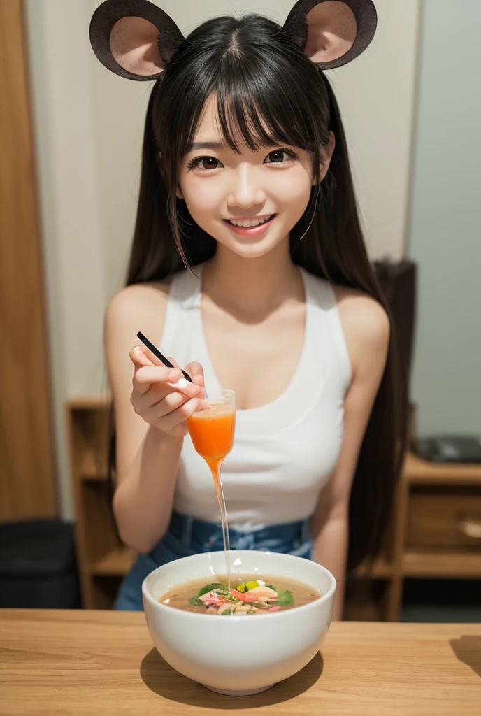 A 20-year-old woman with the cute face of an idol who looks 15 years old.。Gentle and cute。Please smile kindly。She is completely naked、Bust is small She is sitting pretty on a dining chair drinking orange juice. Raw photo real genuine real life No copyright notice