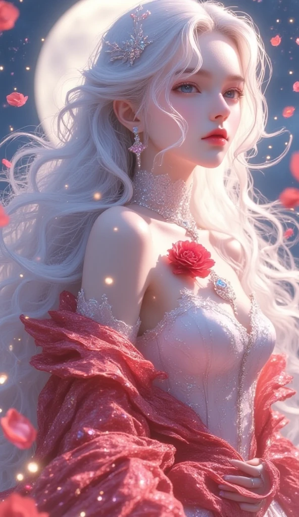 Realistic, (Masterpiece, Top Quality, Best Quality, Official Art, Beauty and Aesthetics: 1.2), Very Detailed, Fractal Art, Colorful, Most Detailed, Zentangle, (Abstract Background: 1.5) (1boy: 1.3), Gods, White Hair, (Glowing Red Eyes), Mysterious, (Magic), Ice, ((Flowers on the Other Side)), Yellow Spring, Hell