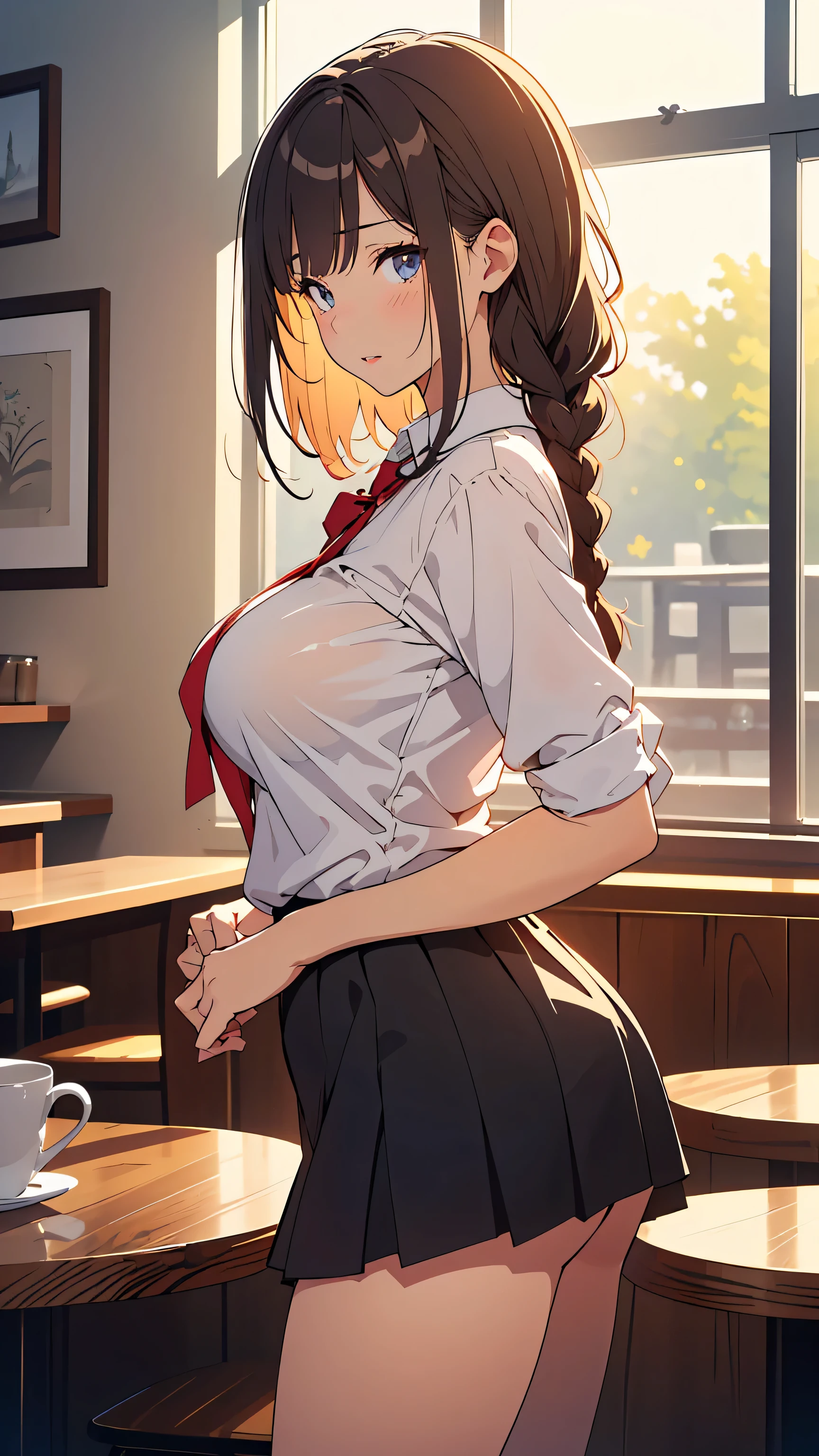 masterpiece, best quality, I Want You to Pay Attention , blurry background, (( Fine line drawing:1.3)), 非常にdetailsな, details, high resolution, 8k Wallpaper, Perfect Dynamic Composition:0.5, Biologically accurate bone structure and limbs, beautiful eyes with attention to detail, (medium hair, loose braids , Thinning hair, Random Color), ( big natural breasts :1.6), H cup breast size , plump chest:1.5, soft breasts , natural colored lips without getting wet, ((naughty expression)), (cute pose with buttocks facing the camera, Sexy Poses:1.3), beautiful legs, (((28-year-old woman, Adult body))), (white blouse, business shirt, Collared y_shirt), (Stylish skirt , Random Skirt), from the side, bright sunlight shining through a window:1.5, light shining into the room:1.3, (stylish street cafe), sideways cafe, orgasm face ,winks at the end, closes one eye