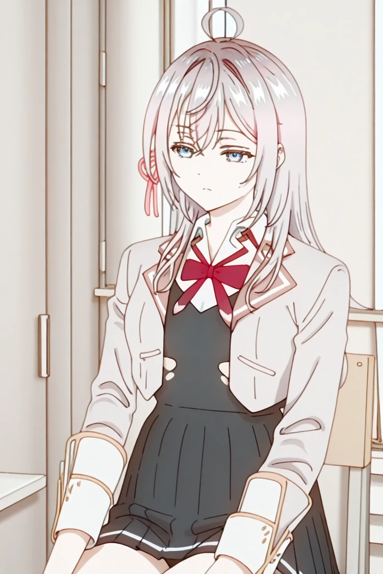  Alya、Gray Hair、hair、blue eyes、miniskirt、chair in the left hand examination room、underpants