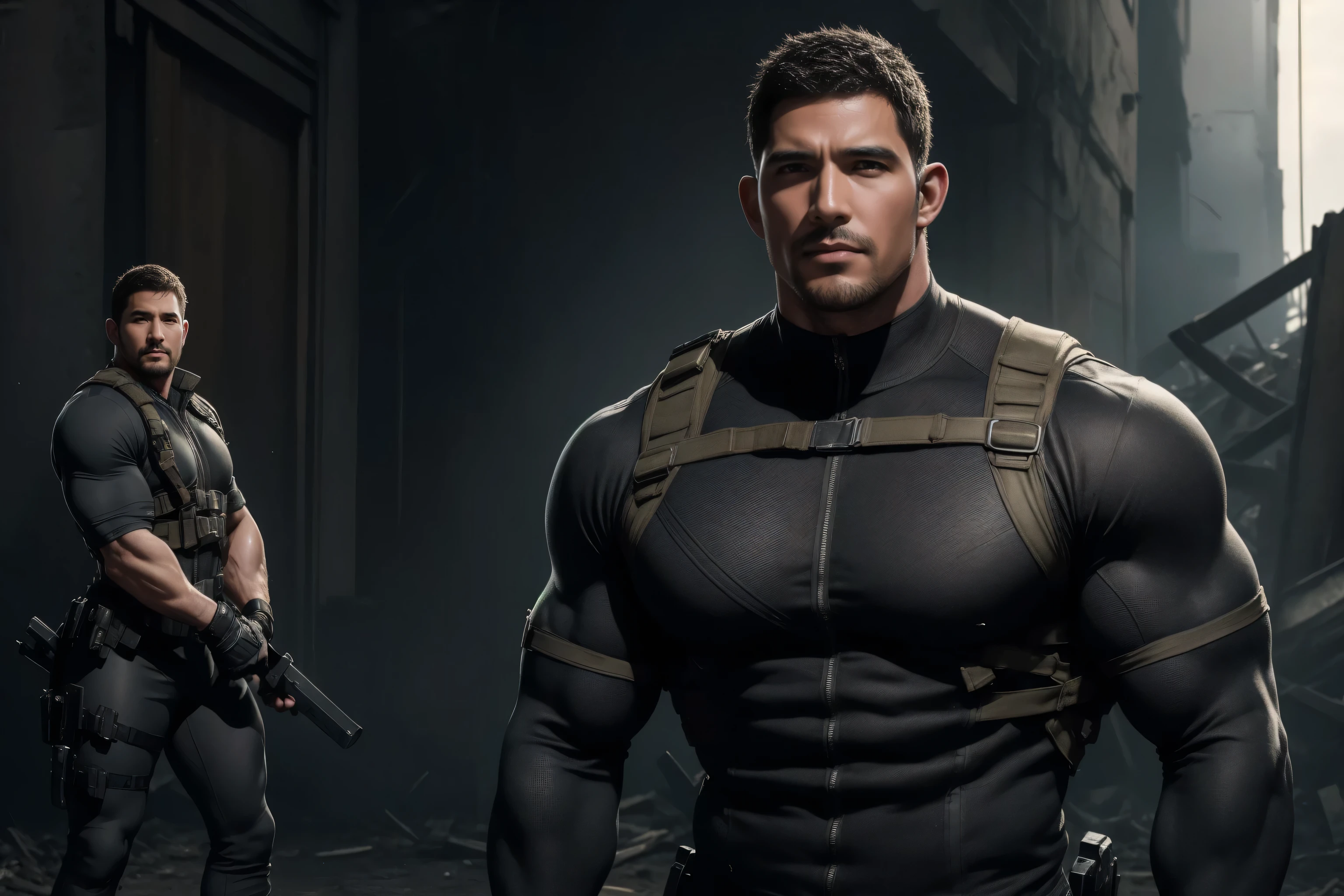 1个muscles man, Flat head, Ruins in an abandoned city , wearing high neck ski suit and leggings, He has a sad expression, Lift your chin, messy hair, thick thighs , big goals Neck Long Sleeve Gray Brown Superhero Bodysuit, Very tight, Regular symmetrical pattern, big goalslight muscles, 警服裤, character concept (Resident Evil - Chris Redfield, Chris Redfield) proud expression, deep and charming eyes, Heroic Male Gesture, tall Burly, muscles!muscles thighs, Tough Guy, perfect facial features , big goals, Burly, Heqiang, Super exquisite and cool, big goals Resolution Committee, Extraordinary Charm , The sun is strong, Dazzling