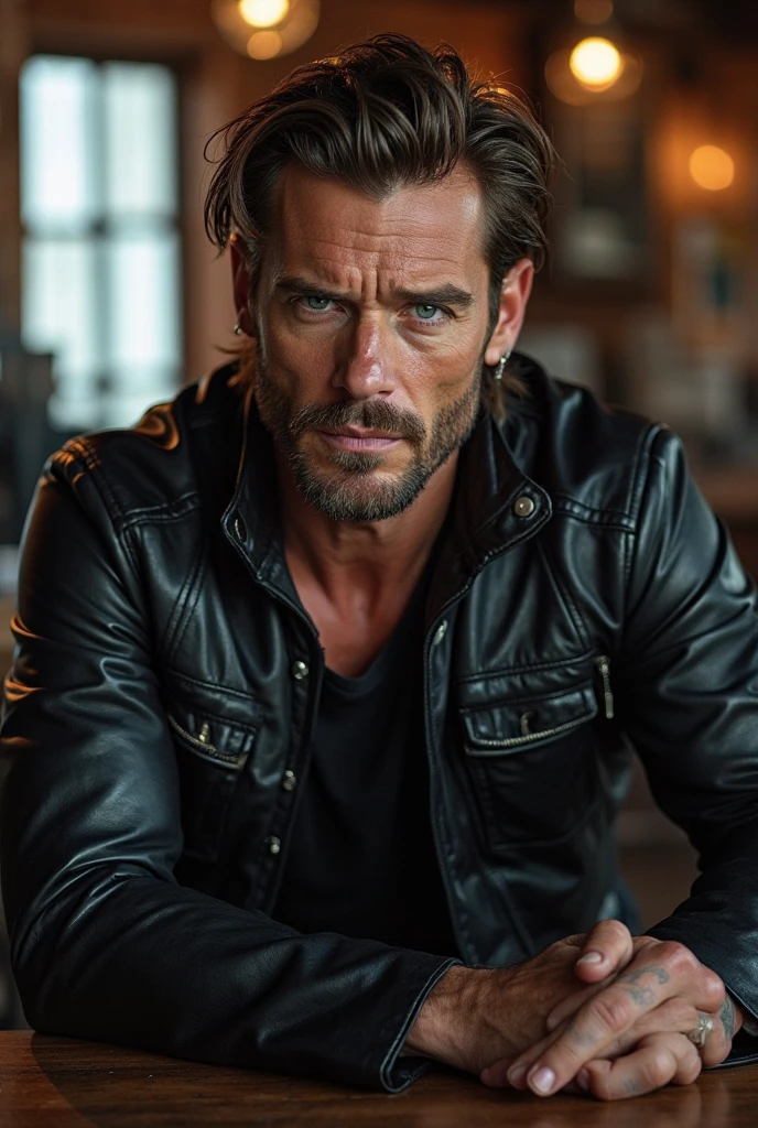A photorealistic portrait of a successful, confident 30-year-old male entrepreneur. Emphasize his expressive green eyes , groomed beard and mustache , a strong jawline, and a subtle, knowing smile. Sitting in a big leather office chair looking through window in a skyscraper , wearing an expensive jacket
