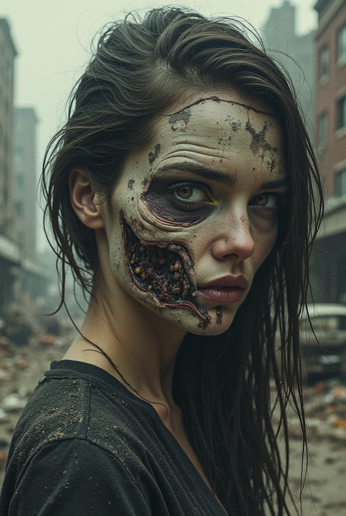Produce chaotic, expressionistic portraits using dark colors.  gothic young zombie woman with half of her face rotting with green cream, visible bones and many cockroaches going into the corner of the head and coming out of the corner of the chin, pieces of human flesh, worms crawling over her face,, visible bones with long straight black hair, ray tracing, jpeg artifact, multiple displays, UHD, masterpiece, accurate, textured leather, high detail, award winning, high resolution, 16k, best quality
