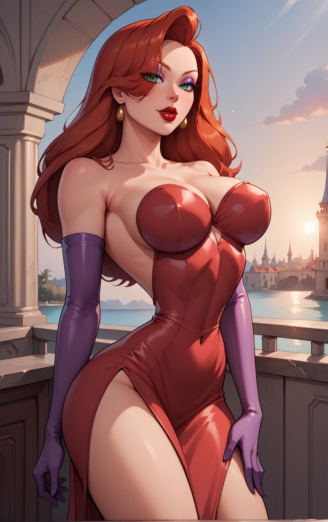 Score_9, score_8_up, score_7_up, rating explicit, source_comic, detailed soft lighting, 1girl, (Ariel from the Little Mermaid, red hair, pink dress:1.0), large breasts, BREAK smile, beautiful eyes, open eyes, (masterpiece, best quality, highly detailed, beautiful), walking, (town alley:1.2).