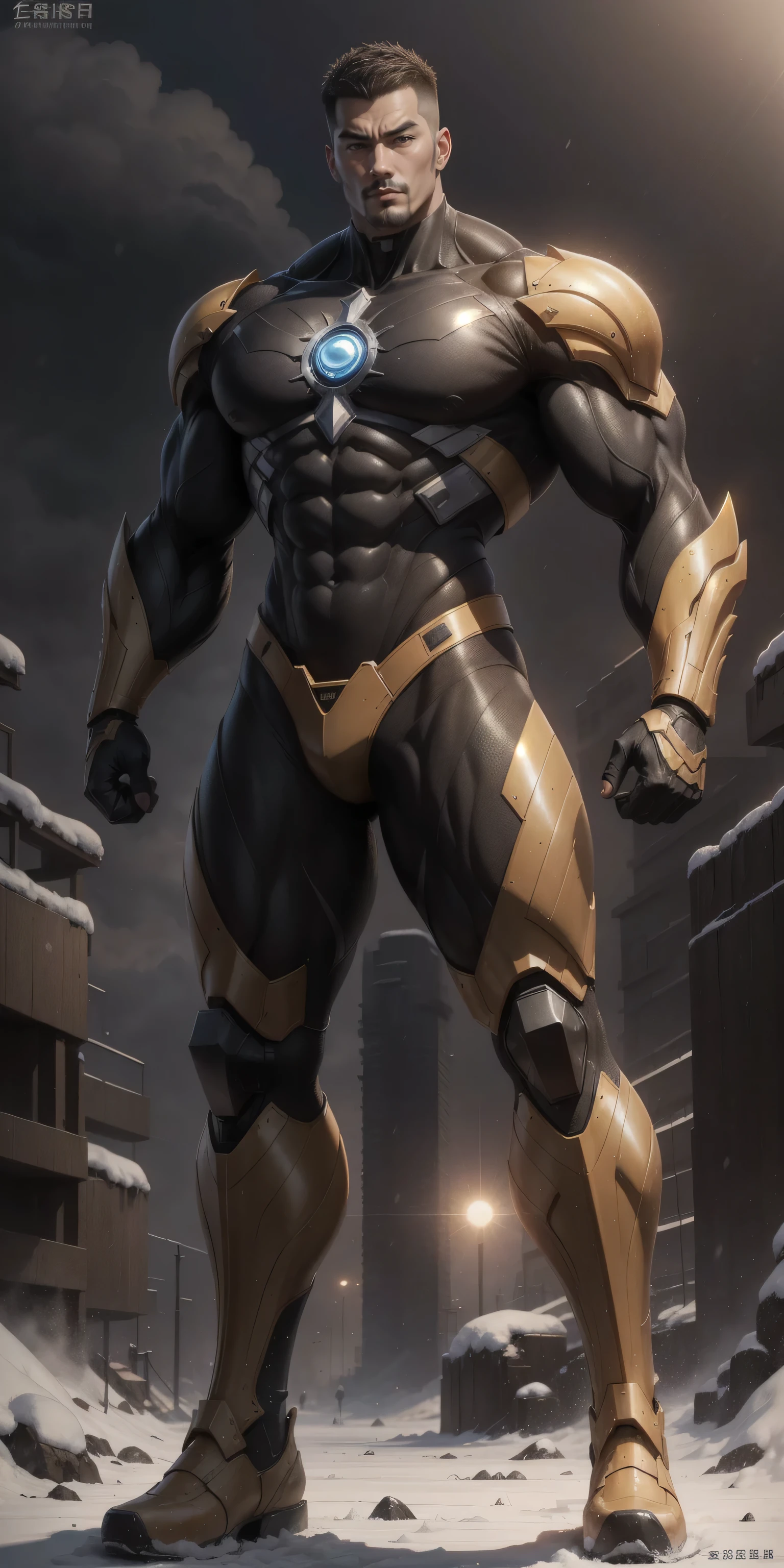 Man in yellow and black clothes standing on the sunny beach, muscular man, American round inch, Buzz cut, muscular! Wearing black sunglasses, round head Buzz cut, stealth suit, symmetrical pattern texture design, best image quality and resolution, character design police, black military boots, attractive strong male and armor, weaving sunlight shining through the clouds