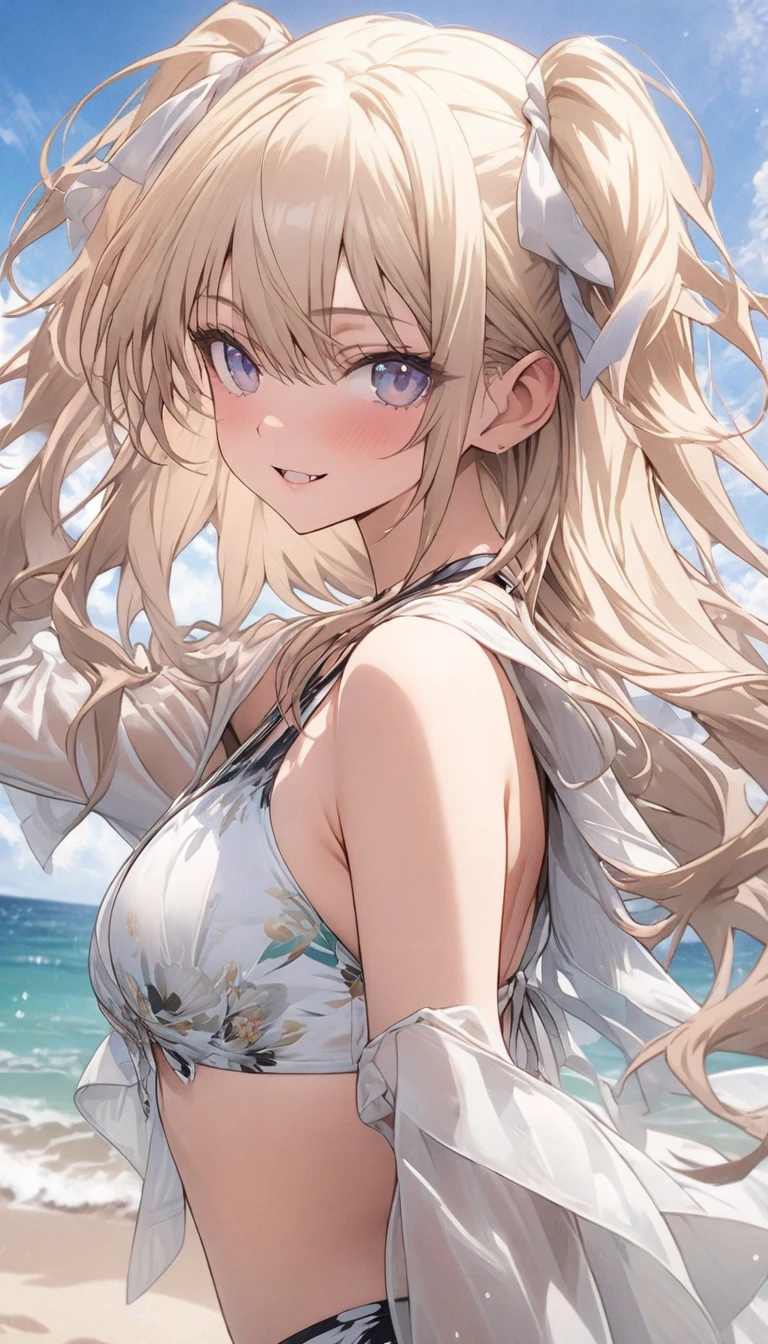 masterpiece, rich colors, Best quality, detailed, high resolution, Hyper quality, high detail, , high quality, detailing, skinny sexy girl on the beach , bright lighting , Brown eyes, Anime, palm trees, bright lighting, blonde,