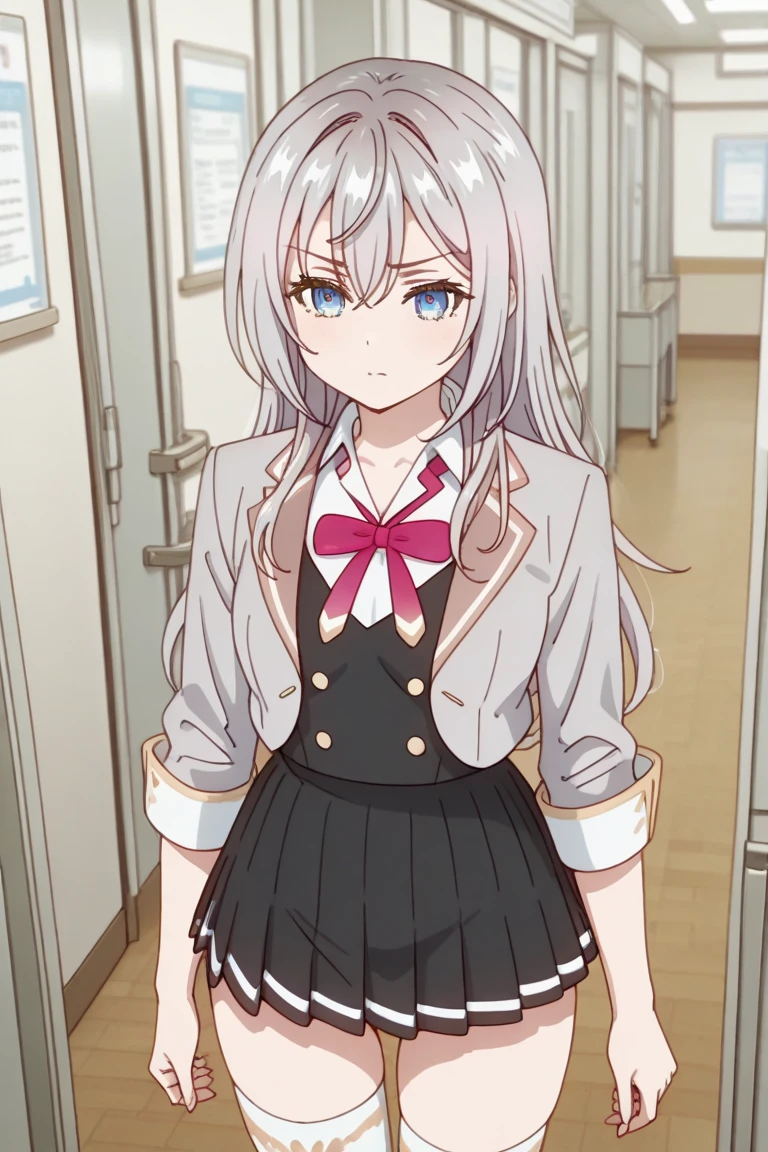 Alya、Gray Hair、hair、blue eyes、miniskirt、chair in the left hand examination room、widen your crotch、Your underpants will be revealed、