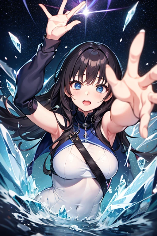 ((dark fantasy)), ((wavy hair, pale skin),((light blue eyes)), freckles, warm light,( 16 years old),busty,Glamour,Gorgeous,monochromes,erotic posing,Dynamic Posing,Arrange Pose,Dramatic,Cinematic,Detailed background, Dynamic Angle,From the angle of the film,Gothic background, Dark fantastic view,Best Quality,masutepiece,8K,The ultimate detailed dark background, Top image quality、RAW photography、超A high resolution,cropped shoulders, overall look is very erotic、Shot for one person only, model shoot, Large round chest, Beautiful Eyes of Details、Very slender eyes、Beautiful eyelashes、Very slim physique, with blush cheeks,Pearl Beaded Bralet Top, ((pearl top)), opal pearl in hand