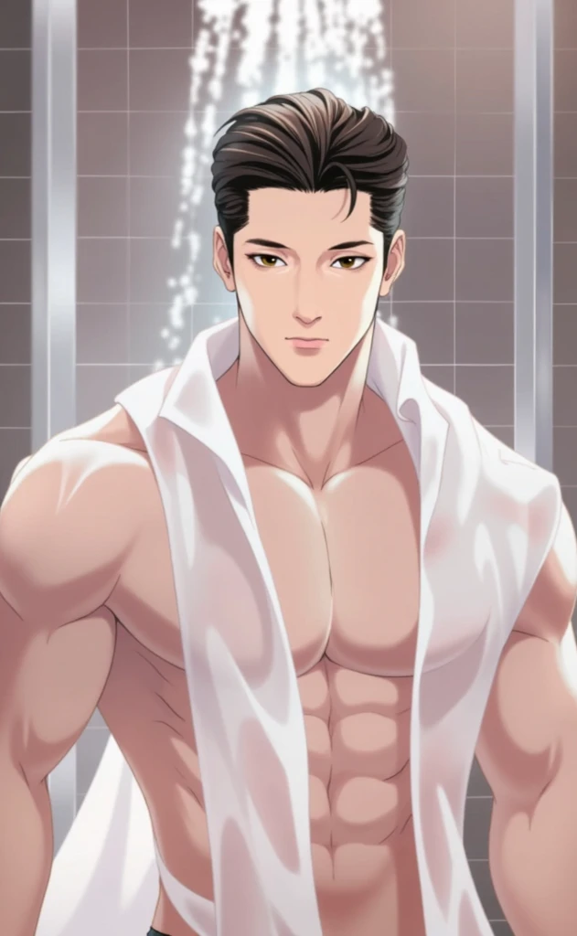 Handsome, tall, Korean man, pecs, slim legs, sexy pink mauve underwear brief bikini, gorgeous, Wolf curtain hairstyle, Wet Body, bulge, Humping back pose, Humping in a ground, Showercore, Comic Artstyle 2D