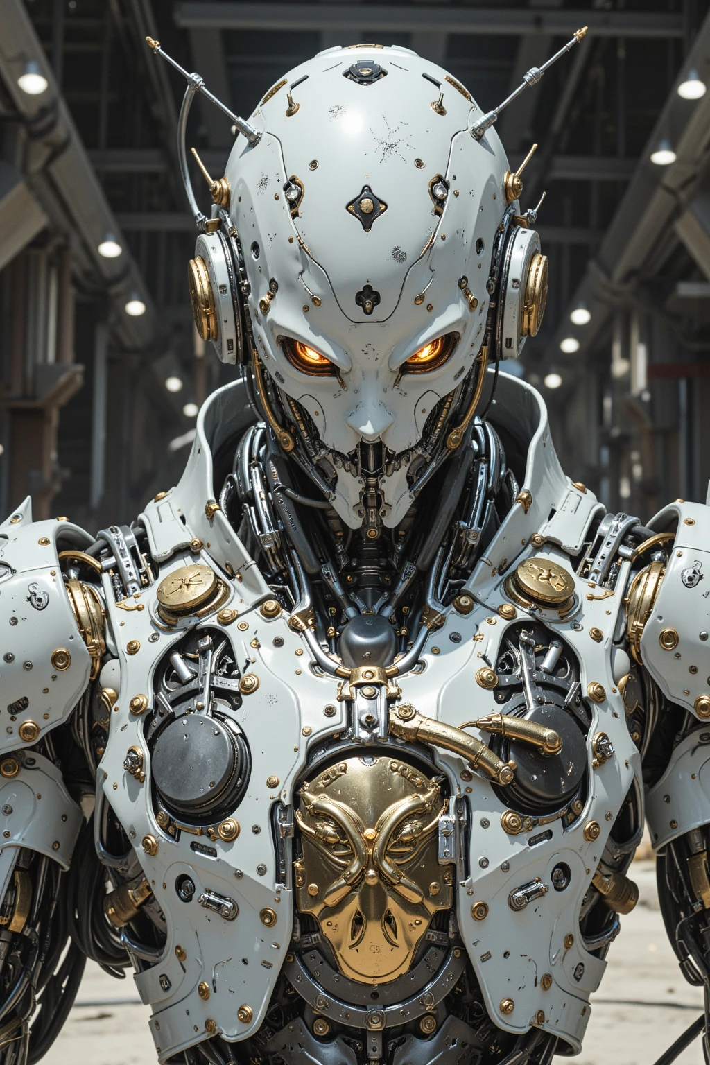 Close-up of a (((Cybernetic boy))) adorned with robotiec elements, blending seamlessly into a cyberpunk environment, (mysterious) and (brutal) ambiance, (masterpiece) of lifelive art, skull mask