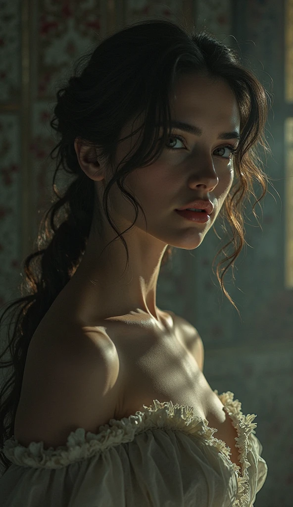 Adult girl in realistic portrait of high qualiy and detail, clorinde (impacto genshin), 2000s film style,  french, dark and mysterious atmosphere, pale skin, sheen, ombre, 1 girl, suspense fantasy, DeepL & perspective, sadness on the face, purple hair ponytail, purples eyes, mystical powers, beautiful  face, standing on a hill, out, the 19th century royal palace in the background, blue sky, white cloud, gazing at viewer, (ultra-high detail:1.2), work of art, best qualityer, ultra detali, cinematic lighting, 8K, delicate features, cinematic, 35mm lens, f/1.9, highlight lighting, global lighting –uplight –v 4, cinematic, intense gaze, cinematic lighting, 8K, high qualiy, mais high qualiy, (focus only), (extremely complex:1.3), (realisitic), dramatic, masterful, analog style, (Film grain:1.5), (warm toned, cold tone), a close-up of a person surrounded, destruction behind. [The character is surrounded by mist, evoking a mysterious and eerie atmosphere. The lighting is dark and atmospheric, with a red smoke adding a touch of sinister ambiance. The image is of the best quality, with a resolution of 4k and HDR enhancement, showcasing the utmost level of detail and realism, sfw, full body shot.]. [8K, Best Quality, Masterpiece, Ultra High Resolution, (highly detailed CG unity 8k wallpaper), (best photo), (best shadows), isometric 3D, octane rendering, ray tracing, highly detailed, (Best quality, 4K, 8k, A high resolution, masterpiece:1.2), absurdity, masterpiece, ultra detailed, (realistic, photorealistic, photorealistic:1.37), complex parts, HDR, (complex parts:1.12), (hyper detailed, hyper realistic, Soft lighting, spicy:1.2), (complex parts, Hyper detailed:1.15). Blurred foreground. (backlit), realistic, masterpiece, high quality, brightness, chromatic aberration, 8k uhd, some smoke, shadows, contrast, clear sky, (warm hue, warm tone), high details, natural reflections]. in Matera