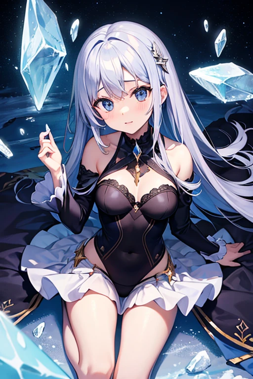 Ice Spirit, Solo, Girl, Sex, Ultramarine Color, White Hair, Disheveled Hair, Short Hair, Blue Nails, Blue Lips, Earrings, Ultra Mini Bikini, Water World, Icy Cold Expression, World's Most Beautiful Girl, Sex (Super Detail), Floating, Water Balls, Angle from Below