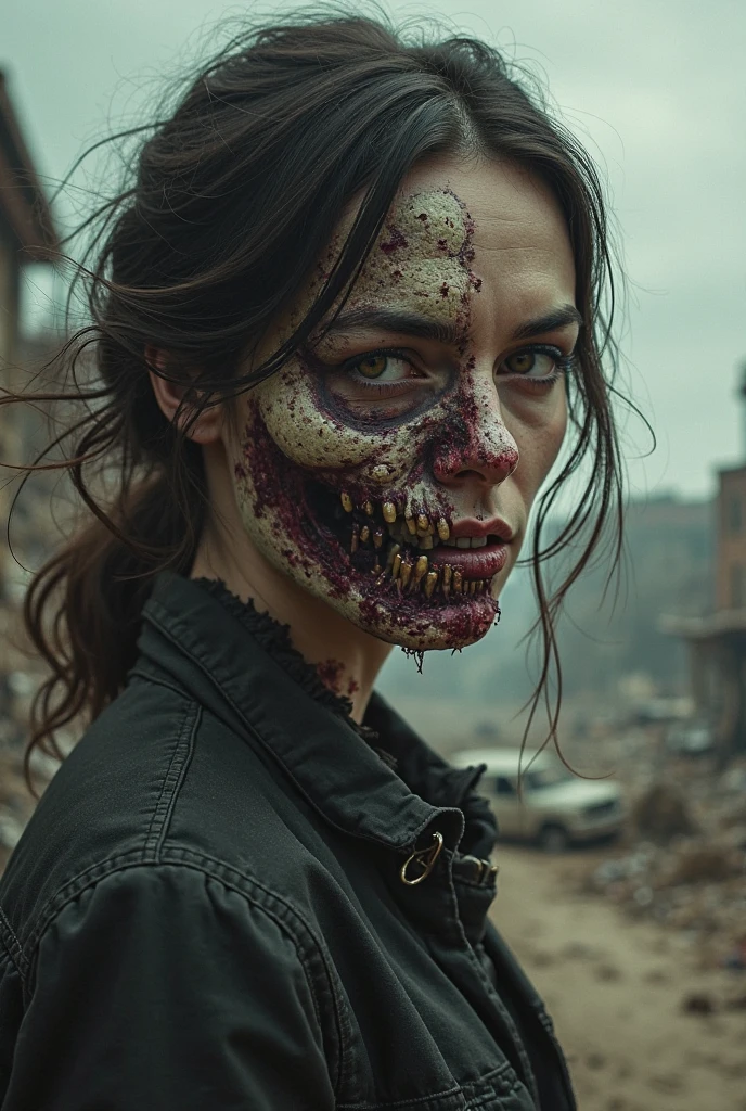 A older zombie woman,looking at and holding a decaying right hand with har left hand, suprise look on her face, long brown hair, wavy hair, missing left eye, (skull face), (decay skin), (raw skin), ((Decay skin)), ((skull face)), dreary, magnificent, fog, low key, at night, ((RAW photo, 4K, Realistic, Exquisitely Detailed Skin)), Masterpiece, Best quality, offcial art, Unity 8k wallpaper, Ultra detailed , (detaile zombie face),((bloody mouth)), rincled skin, (decay skin), ((pealing off skin decay)),((detailed skull under skin)),  detailed decay skin, looking at the left arm on her right hand, ((grey long beard)), dirty red and black flannel shirt, old black cowboy hat, ((cowboy hat)), masterpiece, best quality, extremely detailed eyes, cinematic lightning, intricate detail, highres, official art, finely detailed face, high resolution illustration, 8k, depth of field, ((zombie)), detailed brown eyes, chaotic city, upper body, profile, post apocalyptic background,  zombie decay skin, detailed face decay, decay, terror,((skull decay face)) scary looking, extremely detailed eyes, extremely realistic photo, (((bloody mouth)))