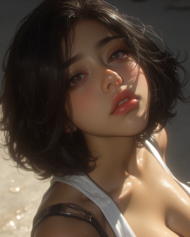 dynamic close-up of the upper part of 1 Extremely slim and beautiful woman, perfect body, shapely face, skin with highly detailed depth, she stands Against a brick wall, (haircut, black hair), (detailed eyes, eyes large and light brown and shiny, curled eyelashes), (sensual mouth), wearing short sweater showing shoulders, ultra realistic image vibrating and perky, (she is all wet), dynamic vision, high quality 32k, hyper-realistic, cinematic.