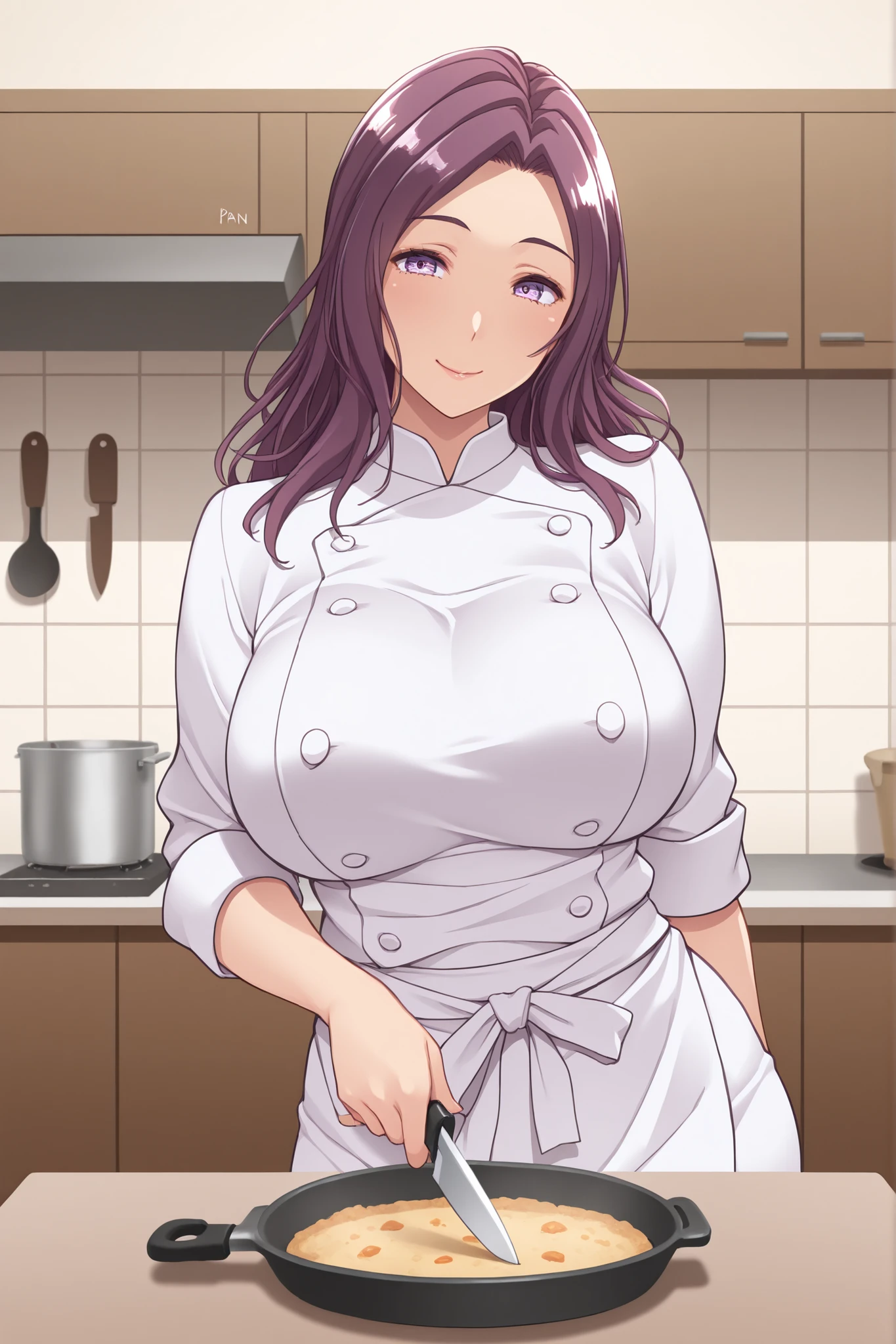 masterpiece, best quality, newest, nagorr, 1girl, purple hair, long hair, parted bangs, purple eyes, large breasts, mature female,chef outfit, leaning on the table, smiling, kitchen, indoors, knife, spooms, pan, saucepan