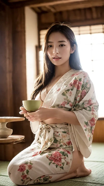 (top-quality,8K,masterpiece),Arafe woman in robes sitting on a chair、Holding the cup in your hand, in a kimono, in a kimono, Wearing kimono, wearing a simple robe, green robes, Wearing a kimono, wearing royal kimono, bath robe, けもの, Dressed in a red robe, Wearing only a red robe, Wearing a colorful yukata, Kimono,Colossal tits,Emphasizes cleavage,Raw feet,Bare legged,Very beautiful face,well proportioned face,(Detailed skin,Detailed lips,lipgloss),Exposed shoulders,Depicts genitals,exposing their genitals,