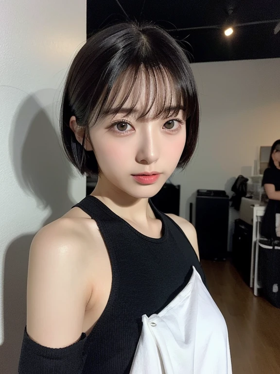 (Highest quality, 8K, 32k, masterpiece, Ultra-high resolution:1.2),Beautiful Japanese Women Photos, Very short bob hair,Upper Body,Face Focus,(Black underwear), Simple Background, From above, View your viewers,