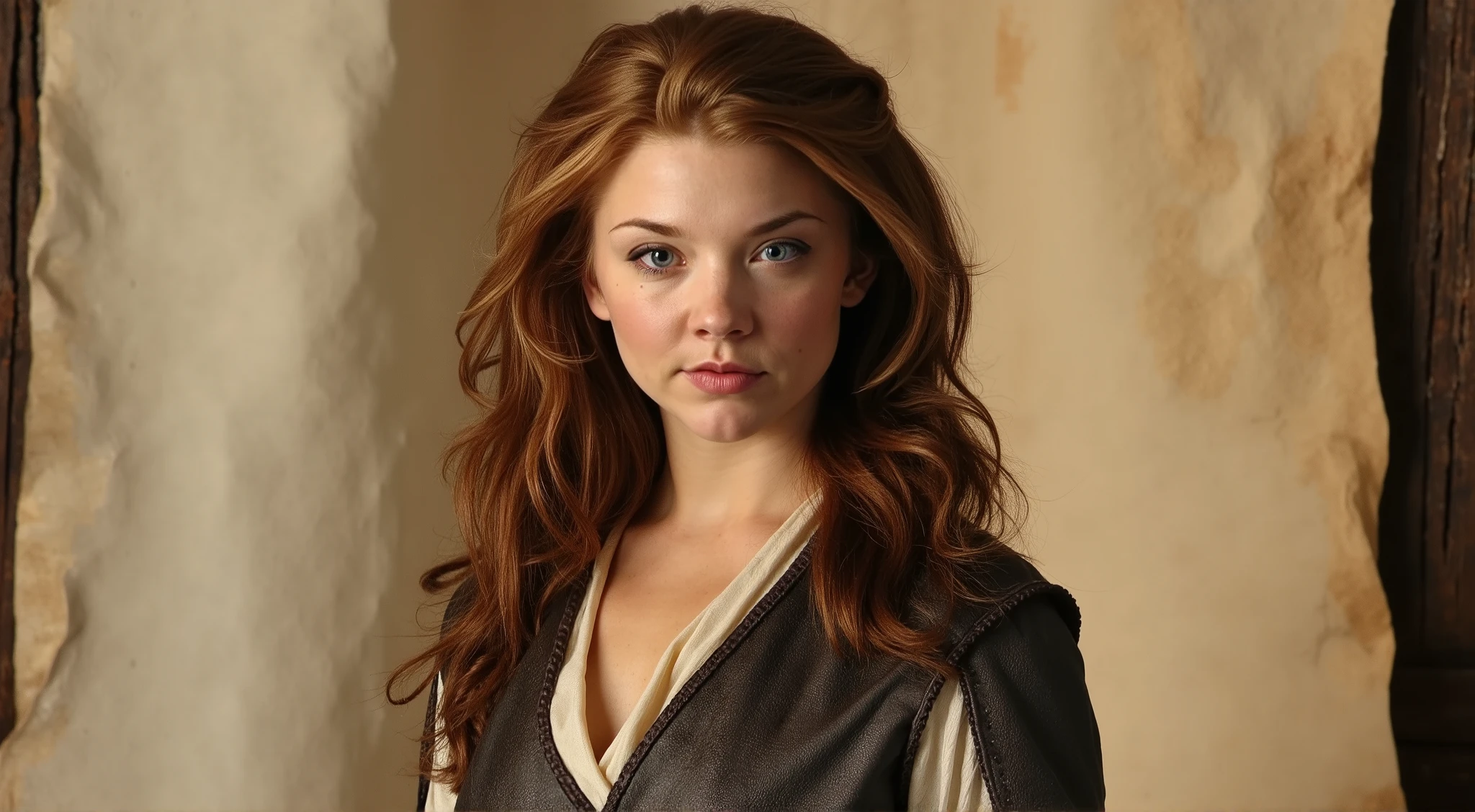 friendly medieval Cleric, beautiful woman with an age of 40 years, she has auburn wavy long hair, blue eyes, she has a very kind and welcoming smile. she is wearing a medieval linnen shirt and worn leather pants and a worn leather bodice.. she has french heritage. pergament paper background
