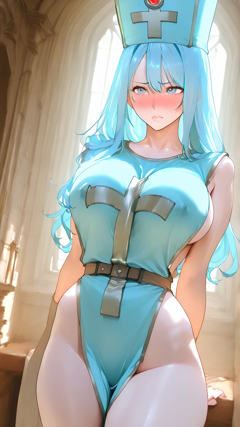 masterpiece, best quality, ultra-detailed, illustration, colorful, flat color, depth of field, 1girl, sona, anime, standing, blue hair, multicolored hair, twintails, blue eyes, looking at viewer, simple background, hands behind back, tight black bodysuit, upper body, detailed cloth texture, beautiful detailed face, huge breasts, blush, seductive smile, makeup, shortstackBT, shortstack