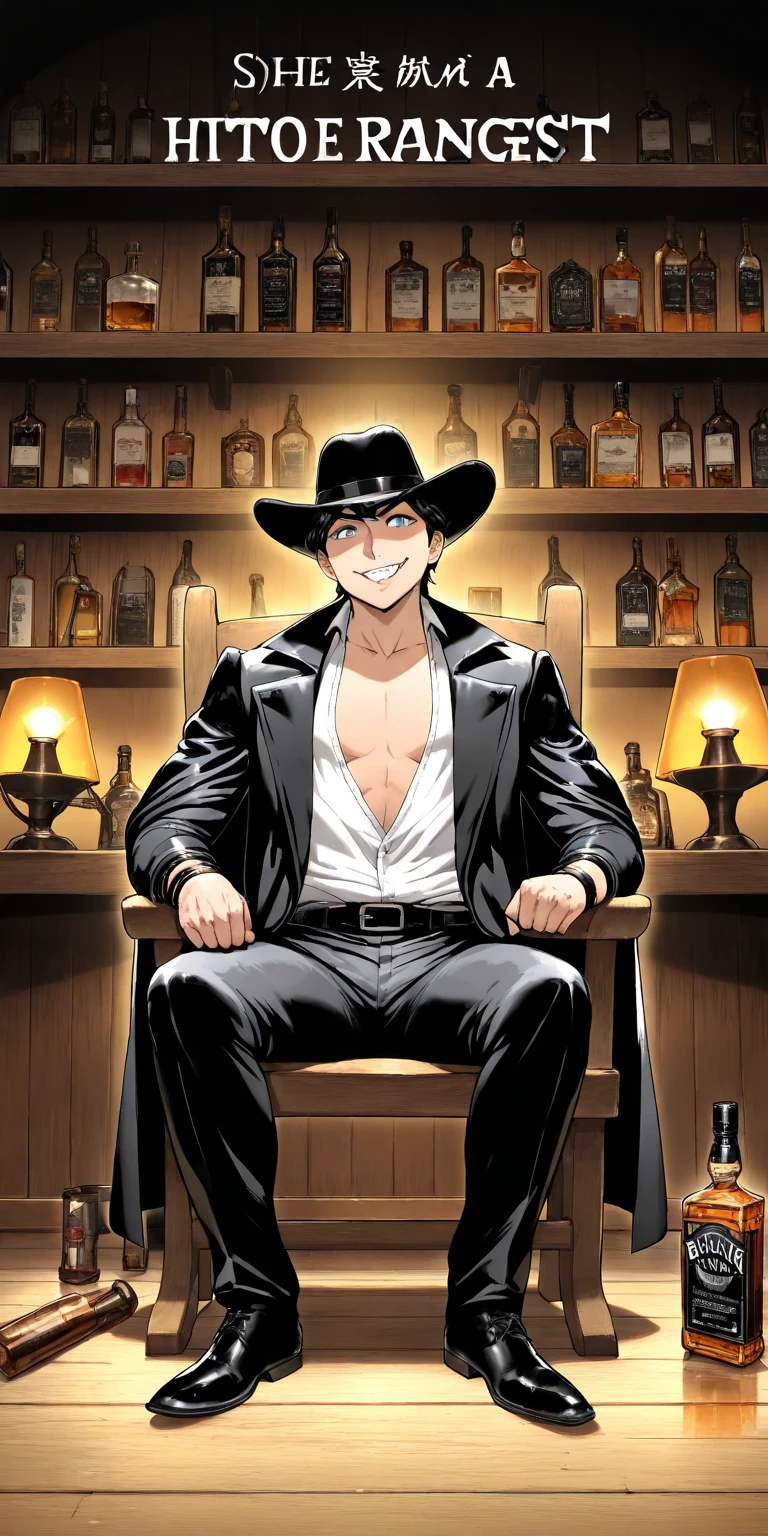 (Artist: boingo), (Artist: laser flip), (Artist: orushibu),
A stylish vampire gunslinger in the spirit of the Wild West. He sits leisurely in a wooden chair in a dark saloon, surrounded by semi-darkness, bottles on the shelves, kerosene lamps. He is wearing a black ranger suit and a long black cloak, his shirt is unbuttoned, exposing his chest, his arms are in leather bracelets and chains, his forearms are open. His face is pale, his eyes are yellow and mocking, on his head is a classic black cowboy hat. In one hand he holds a bottle of whiskey, in the other - a massive scarlet revolver with a snake engraving. The atmosphere is relaxed, a little crazy and charismatic, with a slight grin on the hero's face. The style of the image is semi-realism, with cinematic lighting and a touch of comic book style or a video game art book.