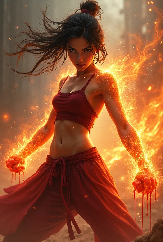 Realistic busty ecstasy woman,Karateka，hokuto shinken,ultimate form,Realistic battle aura