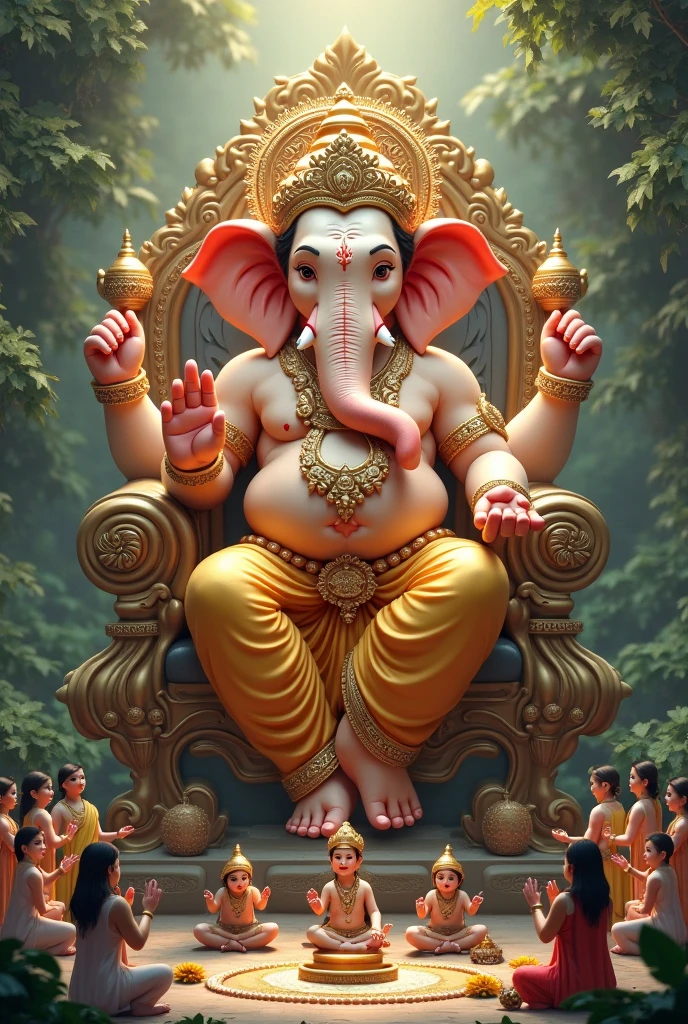 A great personality lord ganesh is having a head of elephant and lower body is normal human being little healty, stitting on the beautiful big king size chair fully decorated, he have laddoo on his one hand , he is wearing fancy dhoti in bottom in yellow colour , heavy ornaments in hand and neck and waist ,crown is on head , long tangled hair