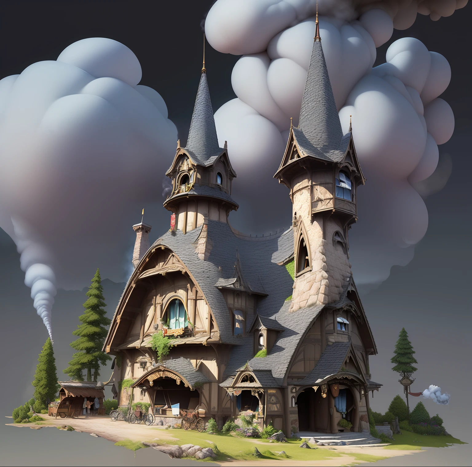best quality,highly detailed,masterpiece,ultra-detailed,illustration,yishuhui, architecture, no_humans, solo, outdoors,, tree, window, plant, building, scenery, smoke, sign, , storefront,castle,disney castle,kingdom ,mountain,