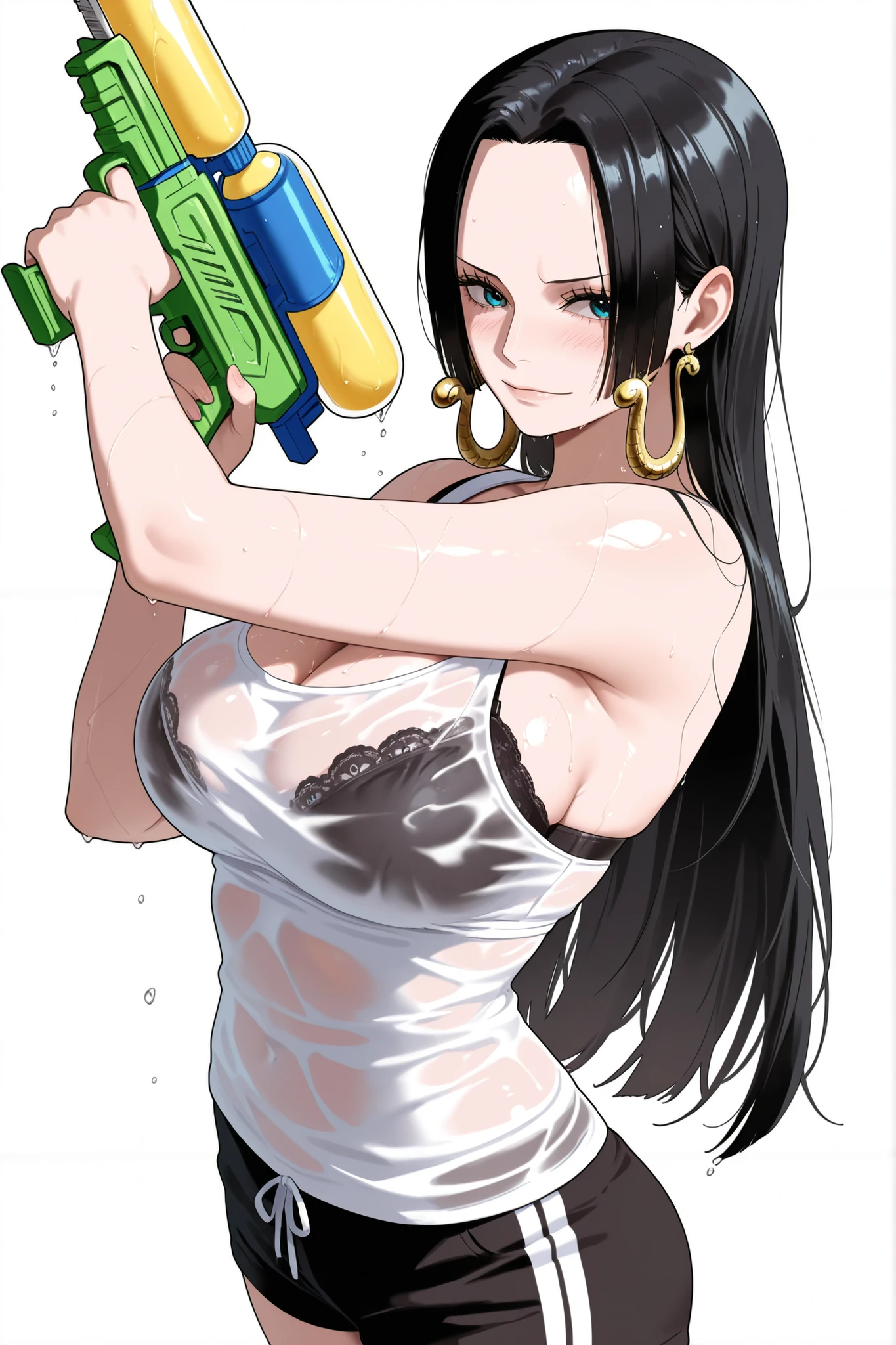 masterpiece, best quality, amazing quality, 1girl, (Boa Hancock, One Piece, Chainsaw man, blue eyes, black hair), wearing white tank top, wearing black bra, shy Face, close up shot, simple background, medium size , golden ratio face, sexy pose, Pinkish skin tone, smooth and soft skin, shiny skin, standing, Standing up, top view, side view, showing, (nsfw:1.2), wet body, holding water gun,Bangkok background, wearing black shorts