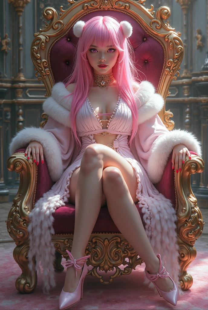 masterpice, Produce an ultra-realistic Instagram model of a beautiful woman: one woman, high heel sandals, full body, long pink hair,pink eyes, soft skin, sitting on a throne, beautiful pink dress, big breast, part of breast out, The image has a high resolution of 4K, with soft, natural lighting that enhances the model's skin tones and the brown color of their outfit, her legs uncovered, pink lips, white skin, a sexy lady, a beautiful lady, and a beautiful face. perfect face, pretty face, goddess face