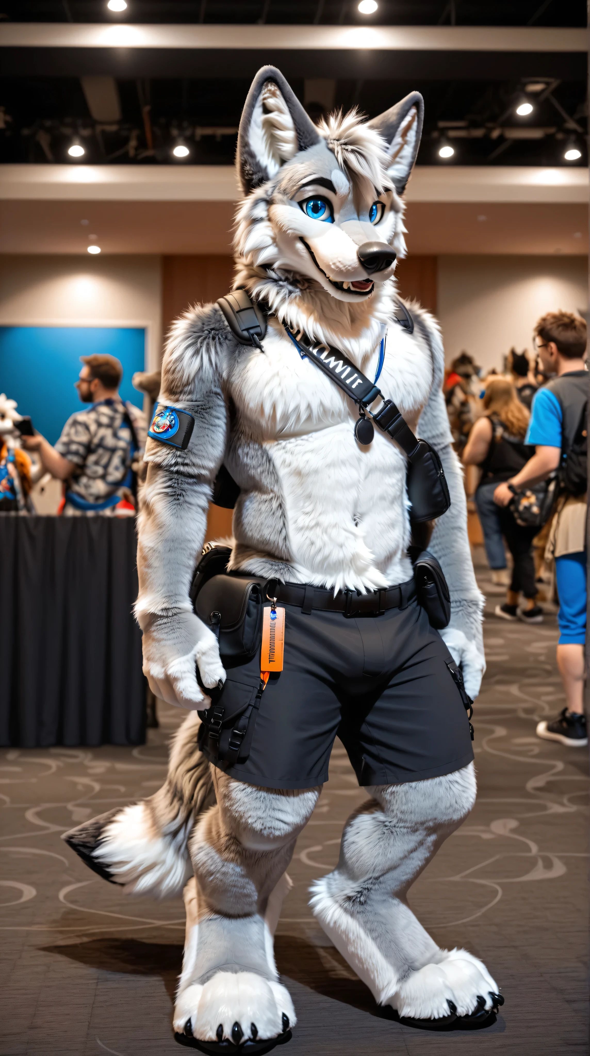 full body, fursuit, male, grey, grey limbs wolf, blue eyes, lanyard around neck, black fanny pack, furry convention background