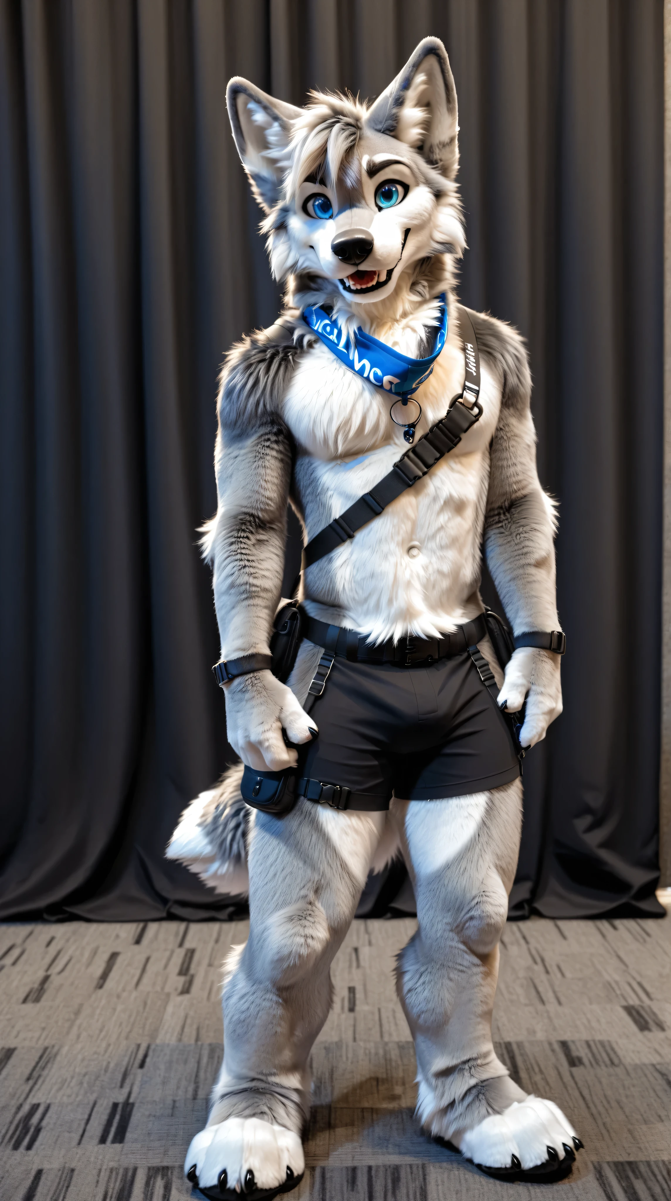 full body, fursuit, male, grey, grey limbs wolf, blue eyes, lanyard around neck, black fanny pack, furry convention background