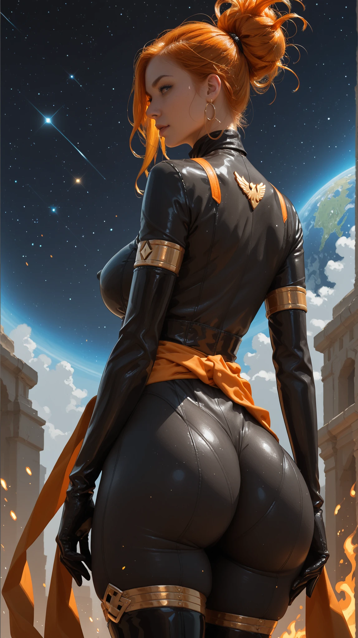 JeanGrey, black and gold bodysuit, Plumpy , large butt, fat buttocks, orange flame aura sparkling around her, elbow gloves, thigh highs, sash, levitating in dark space, kuna2, expressiveh