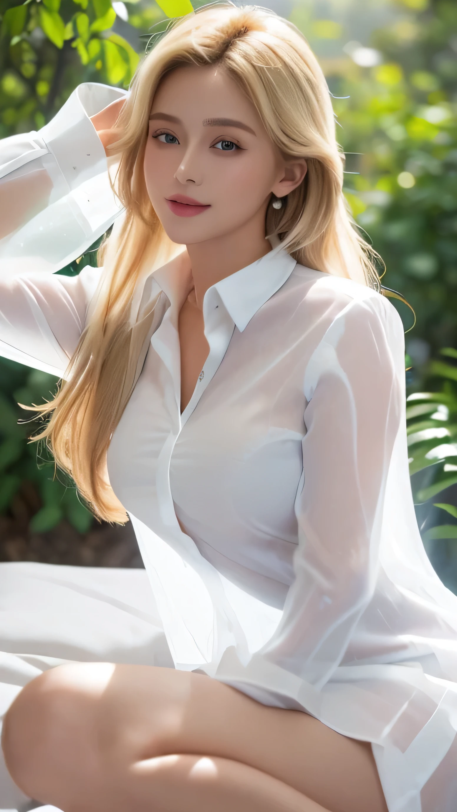 busty japanese lady、whole body、front、The most beautiful woman in Japan、He is wearing a white long-sleeved set、Bright eyes with sharp details(Looking into the camera)Blonde、